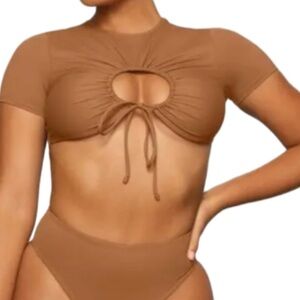 Skims Almond ruched swim top